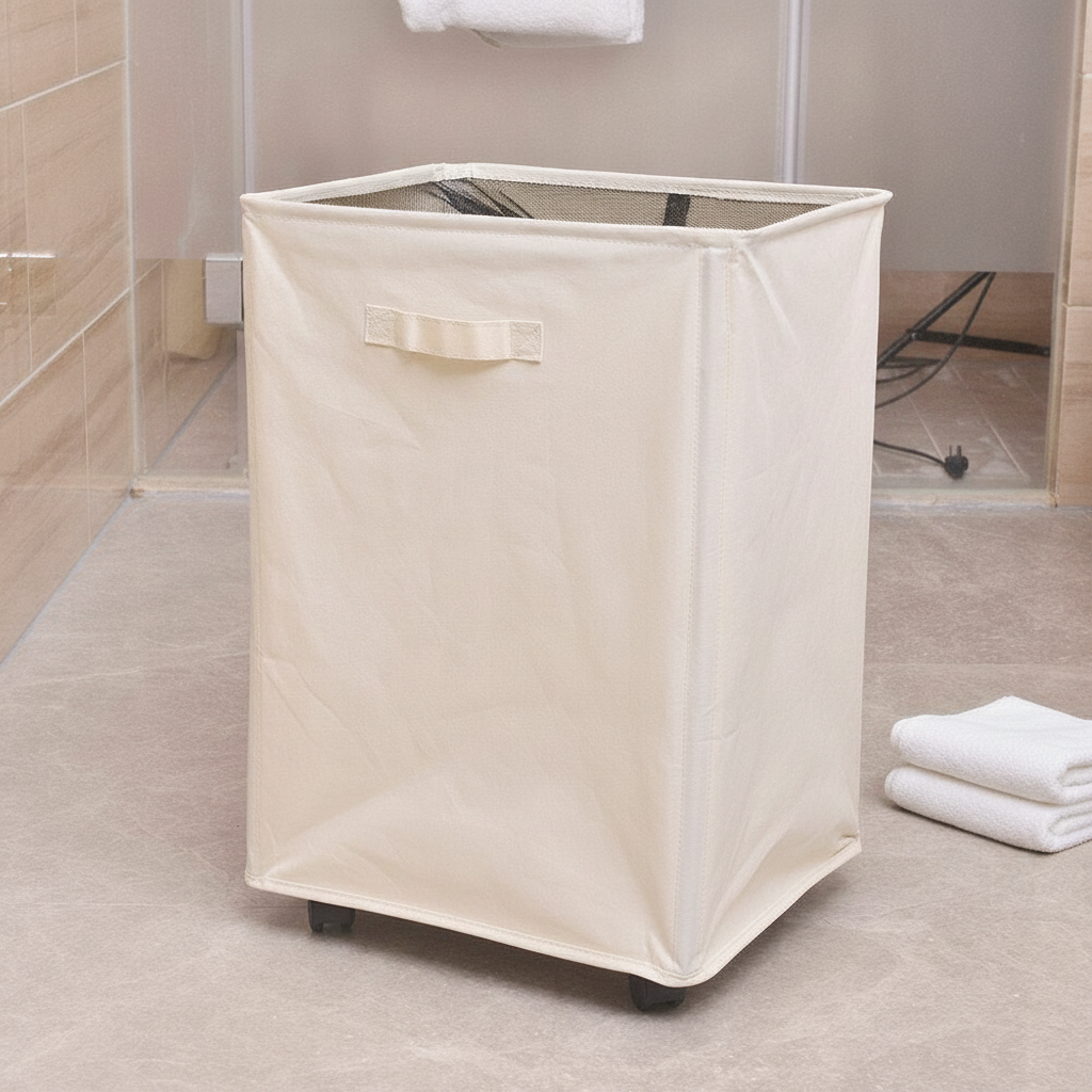Beige wheeled laundry hamper in a modern bathroom laundry corner