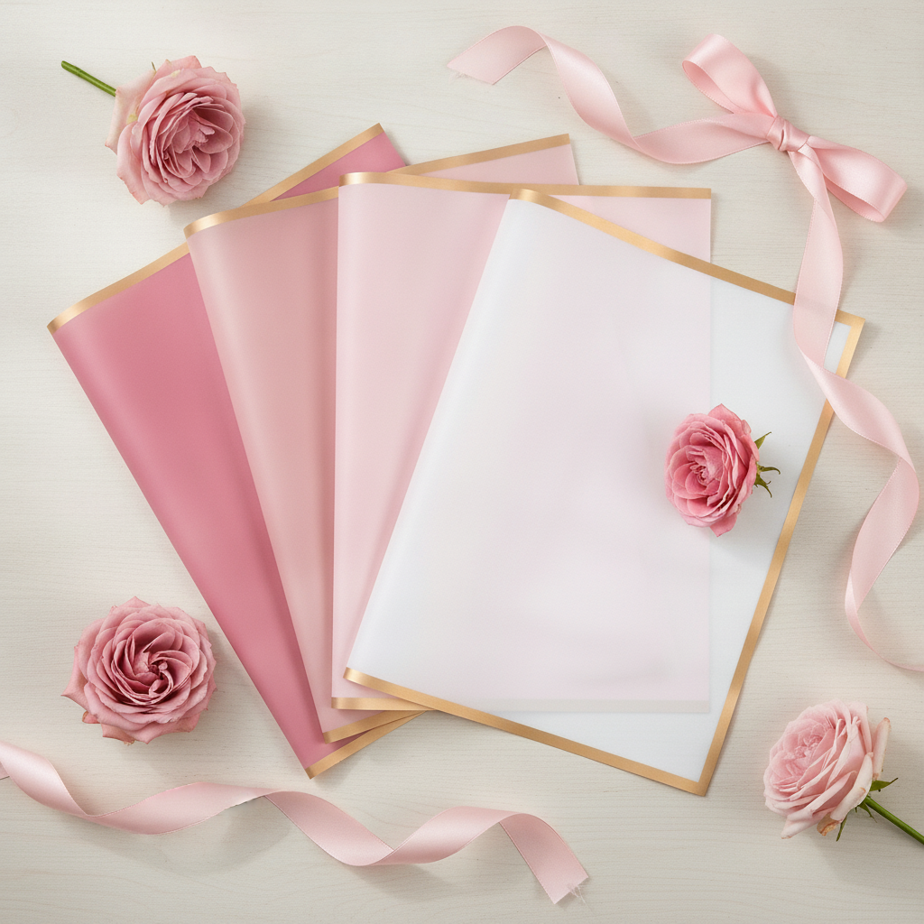 Flat-lay of five pink-tone gold-edge floral wrapping sheets with roses