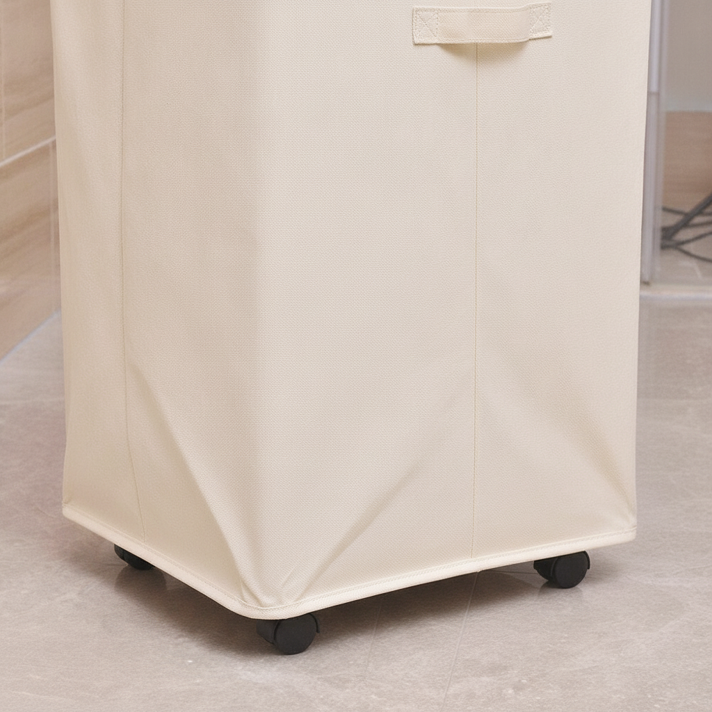 Close-up of Oxford fabric weave, side handle and black caster wheels