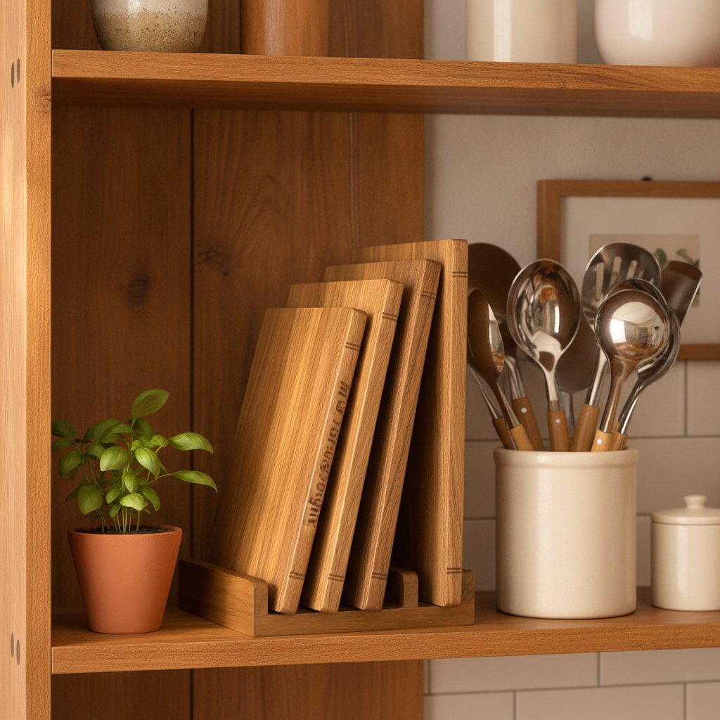 Biblioteca acacia boards standing like books on a kitchen shelf