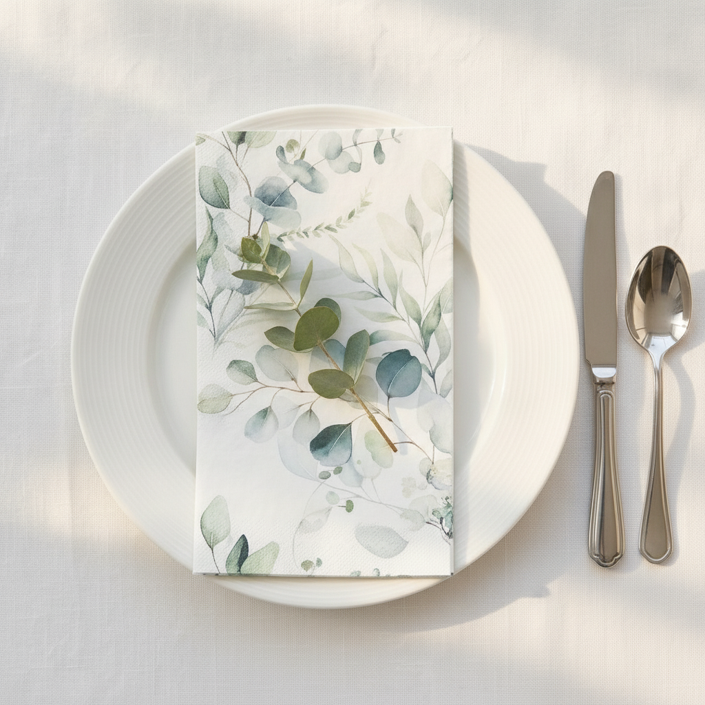 Sage eucalyptus printed paper napkin folded on a white plate with a real eucalyptus sprig