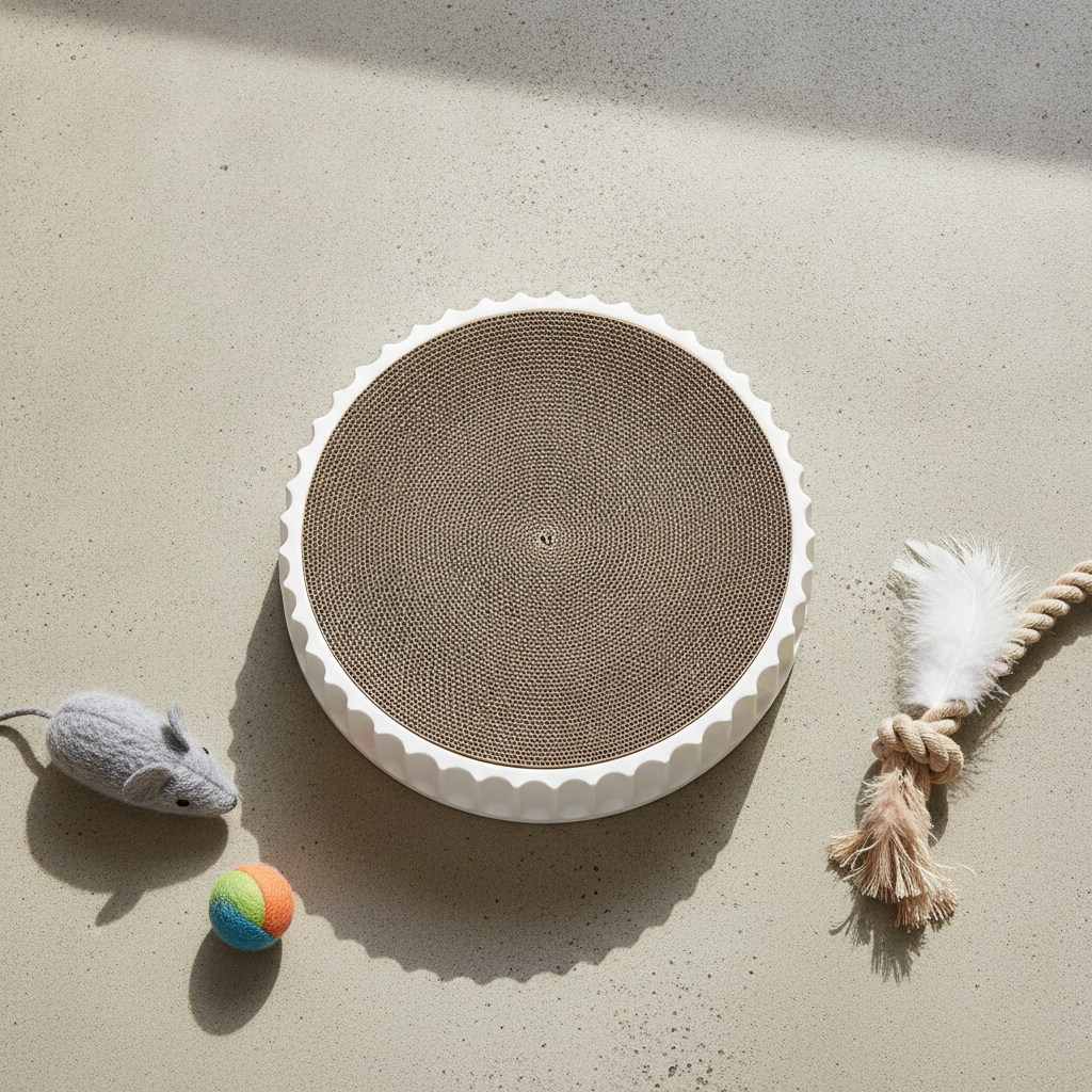 Overhead top-down view of round cat scratcher with corrugated compass swirl center