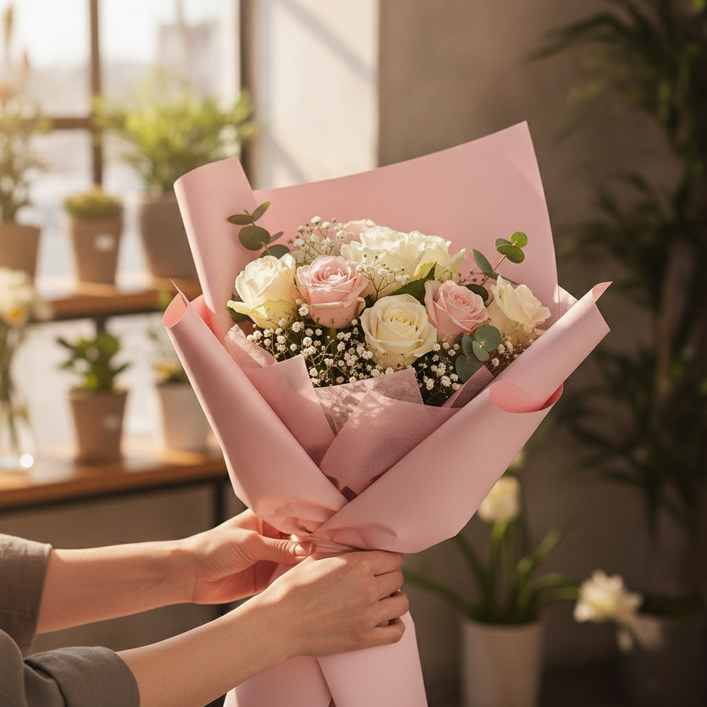 Florist wrapping a rose bouquet in solid pink waterproof paper