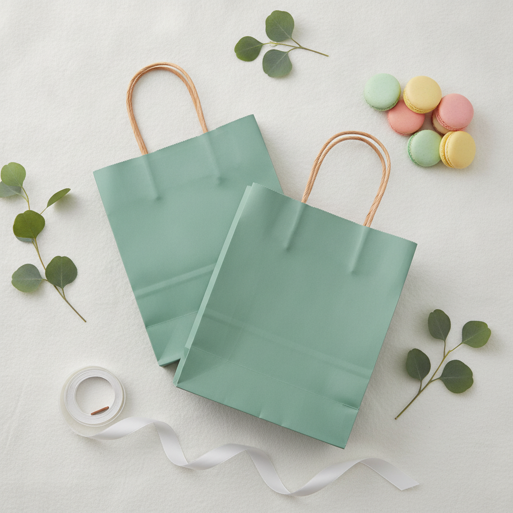 Overhead flat-lay of seafoam green kraft gift bags with eucalyptus and macarons