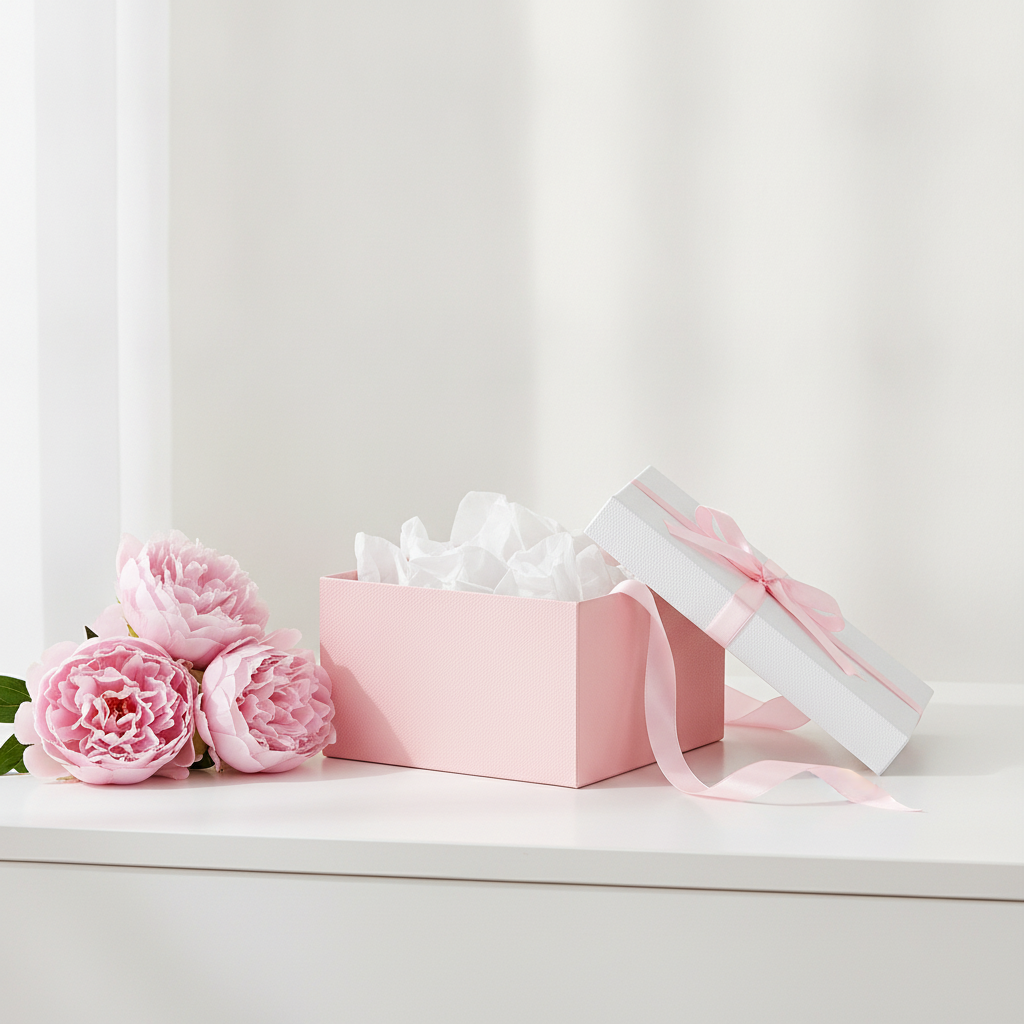Pink gift box with the white lid lifted off revealing tissue paper, pink ribbon beside it