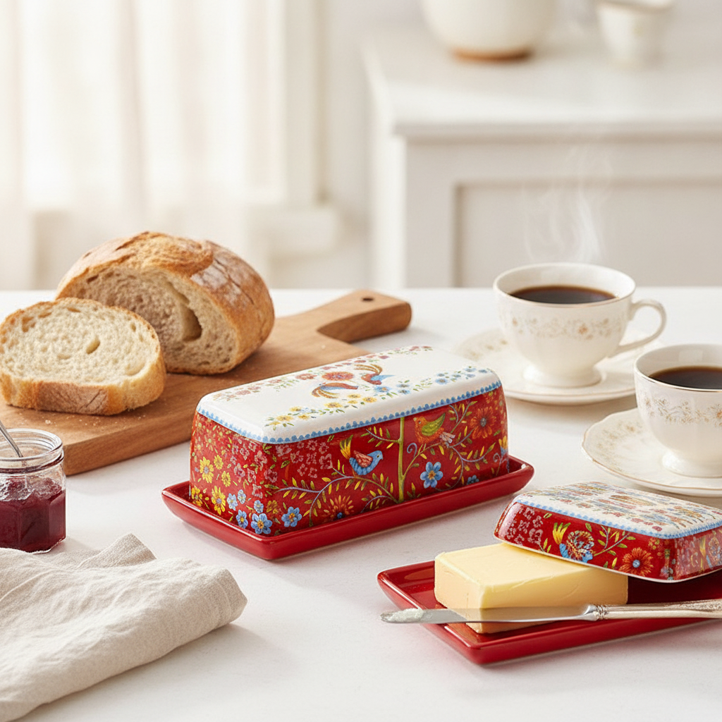 Hand-painted ceramic butter dish in use on a styled breakfast table with bread