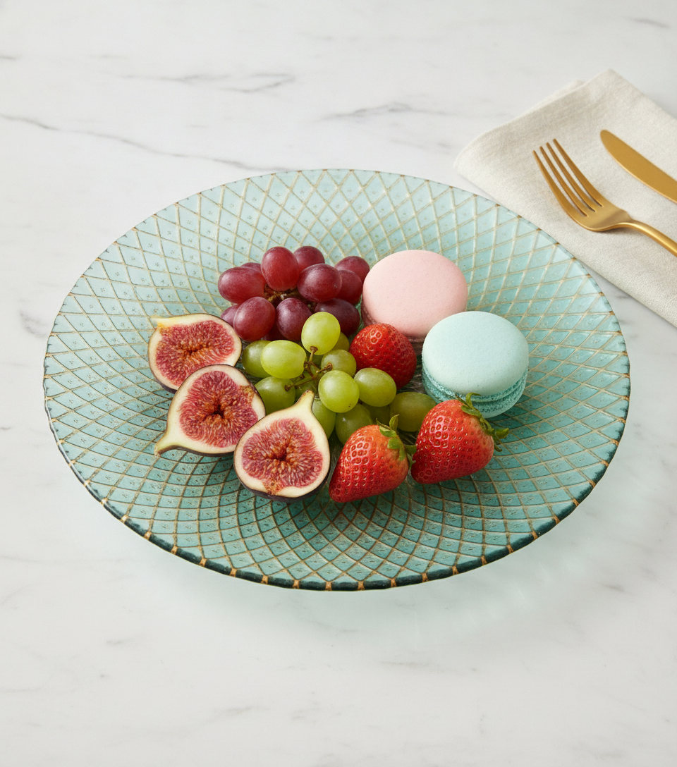 Teal-and-gold lattice glass plate holding fresh figs, grapes and macarons on marble