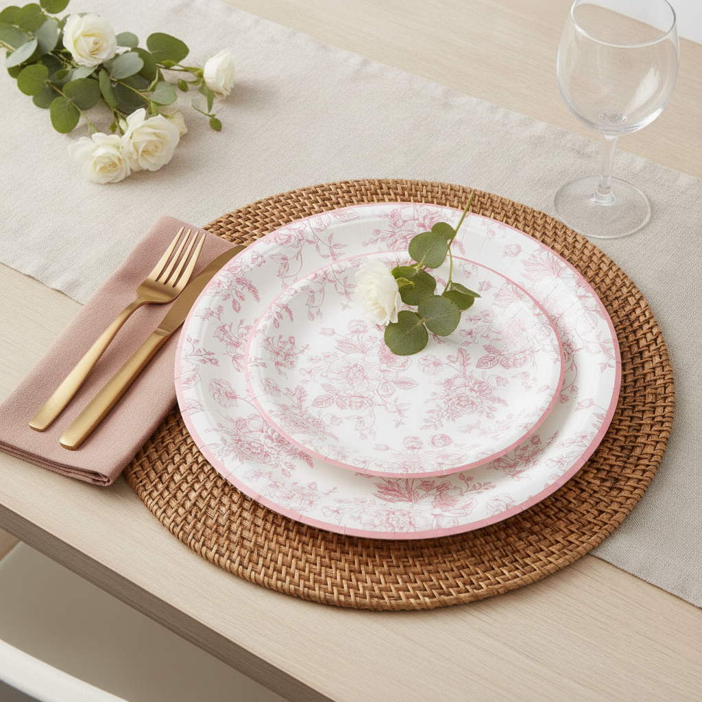 Pink wildflower toile paper plates overhead place setting with rose-gold cutlery and roses