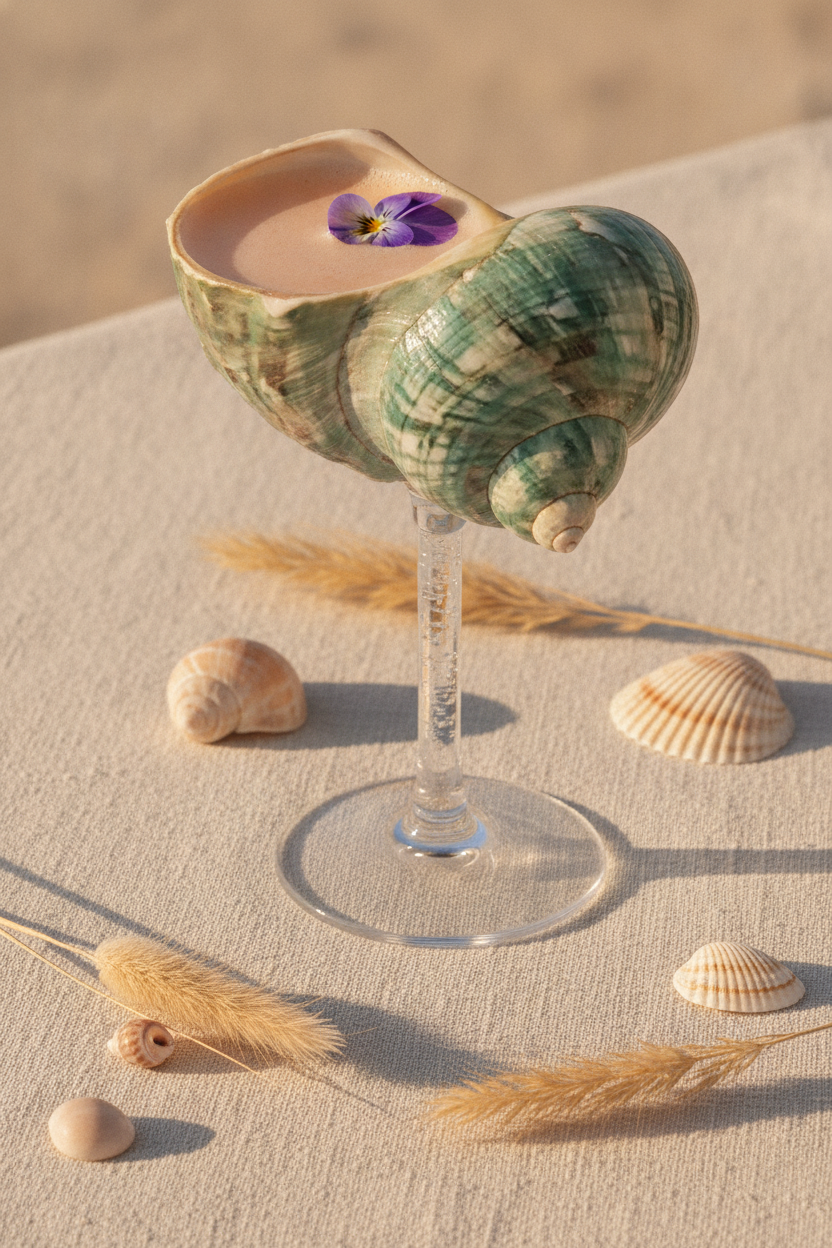 Green shell goblet holding a pale spritz cocktail on a travertine table with small seashells