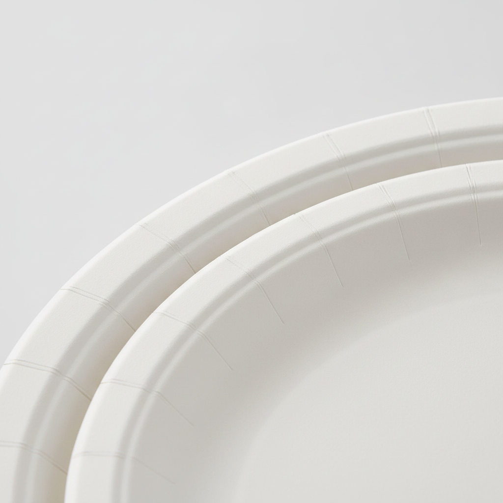 Macro close-up of plain white paper plate rim and thin paper edge