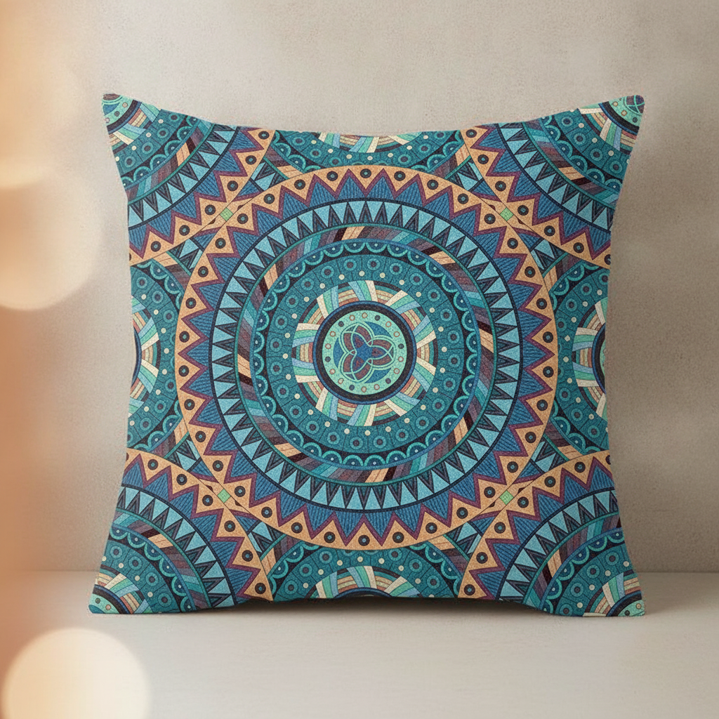 Close-up of mandala cushion print and soft peach-skin fabric — Maison's Kitchen