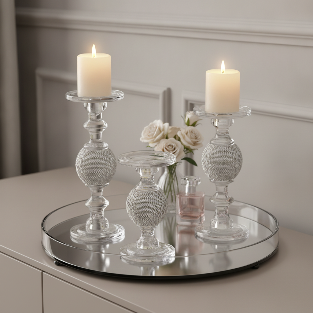 Styled vignette of the glass candle holders on a mirrored tray with pale roses and a perfume bottle