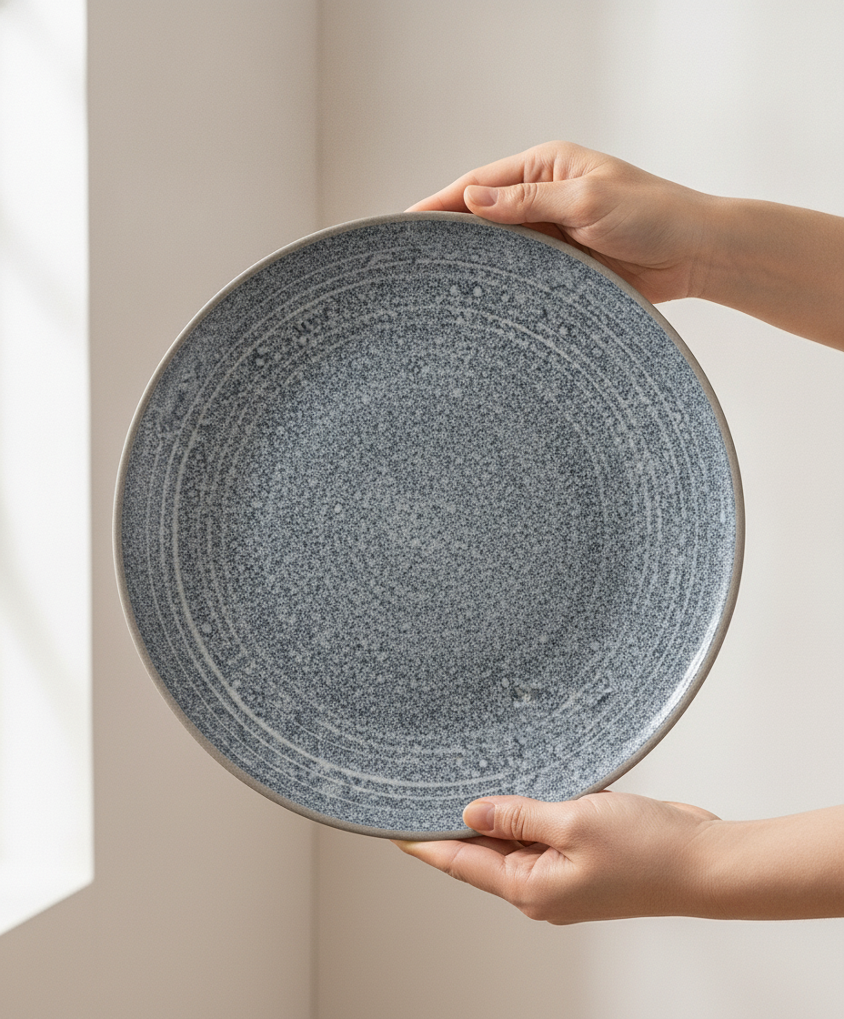 Blue-grey speckled porcelain plate held upright showing the reactive glaze