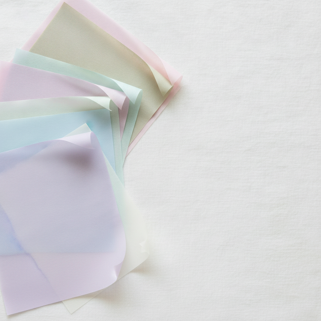 Overhead flat-lay of six pastel colors of cotton lining tissue paper fanned out