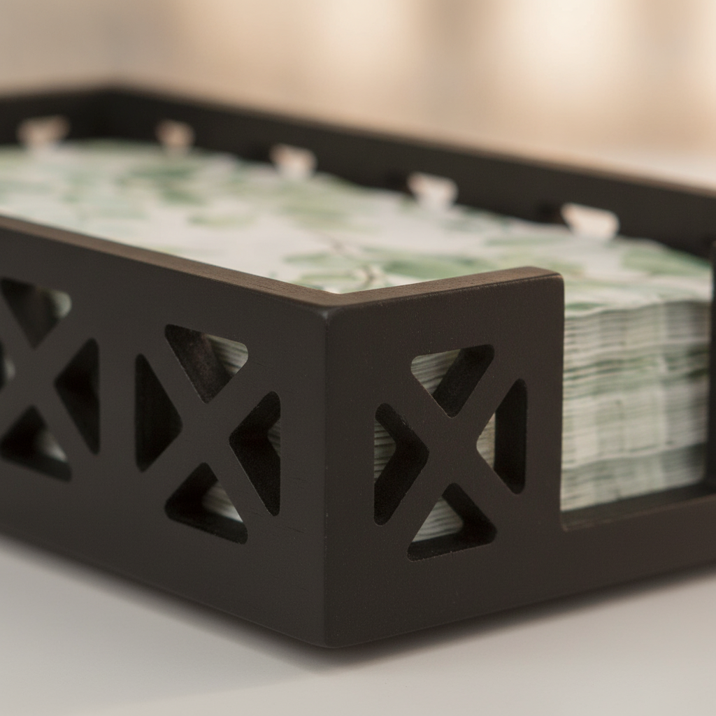 Close-up of the black stained wood and geometric lattice cutout detail of the napkin holder
