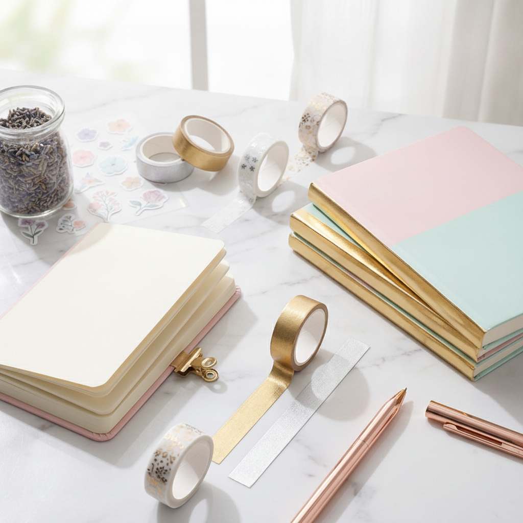 Gold washi tape rolls and pastel notebook with rose-gold pen on white desk