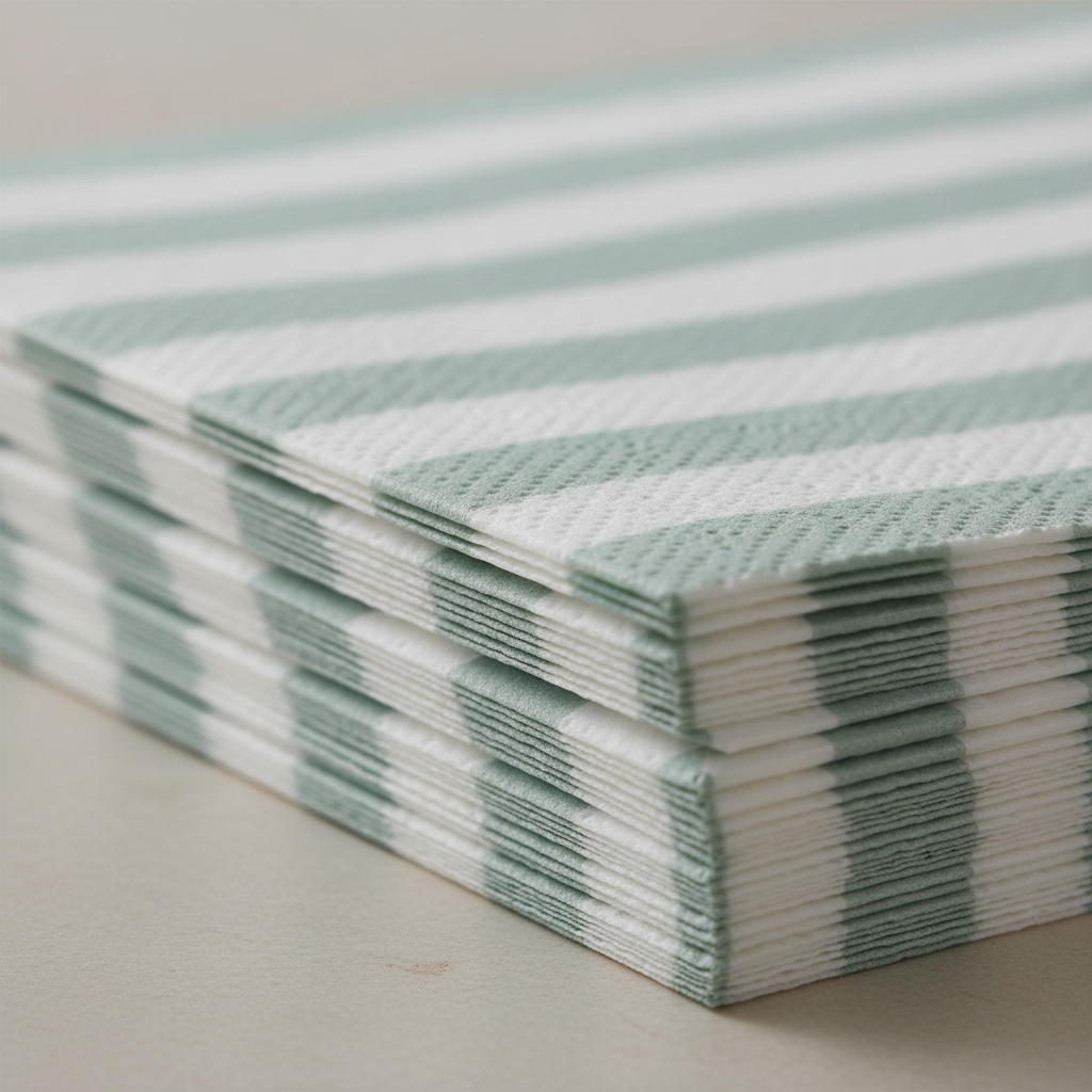 Close-up of sage green and white vertical stripes on matte paper napkins