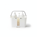 White plastic handheld shower caddy organizer tote with grey handle on white background