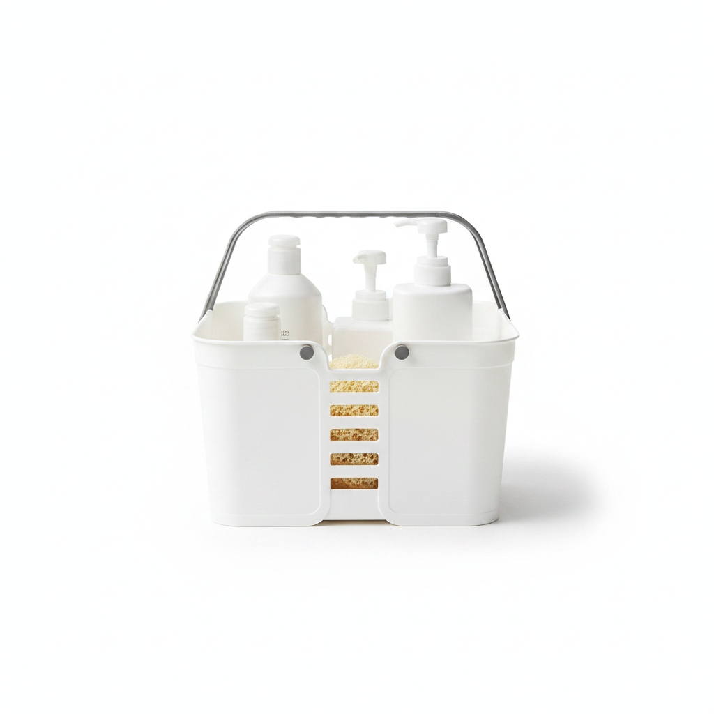 White plastic handheld shower caddy organizer tote with grey handle on white background
