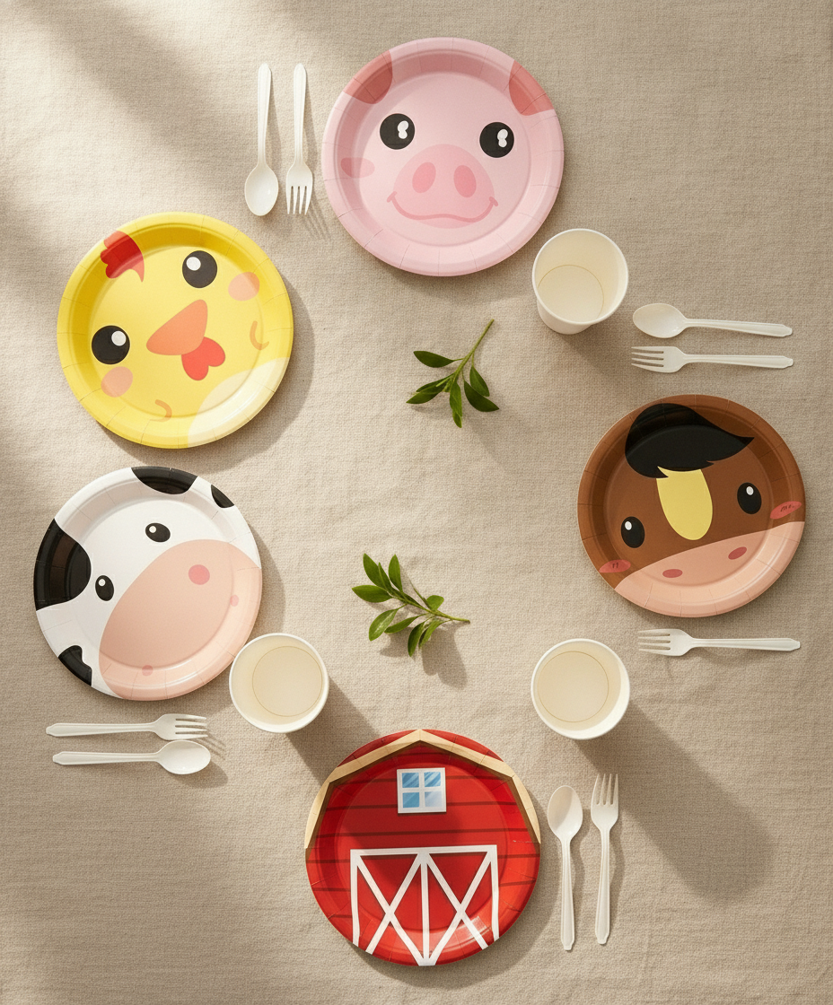 Overhead farm animal birthday party tablescape with chick pig cow pony and barn paper plates