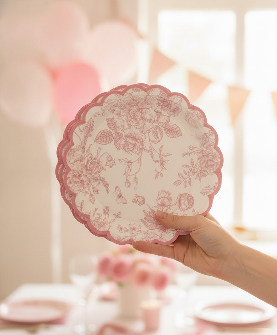 Fanned stack of thin pink floral disposable paper party plates held in hand at a celebration