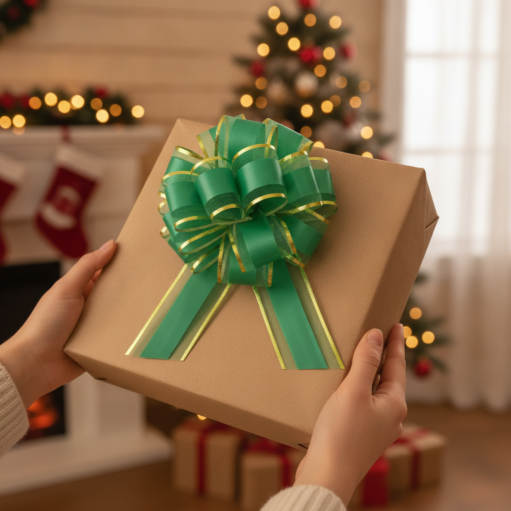 Green and gold pull bow on a kraft-wrapped holiday gift held in hands