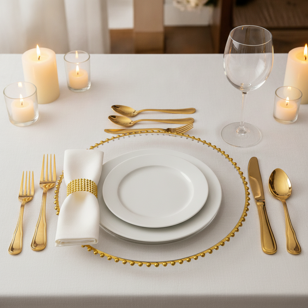 Place setting with clear gold-rim acrylic charger, white plate and napkin threaded through a gold beaded ring