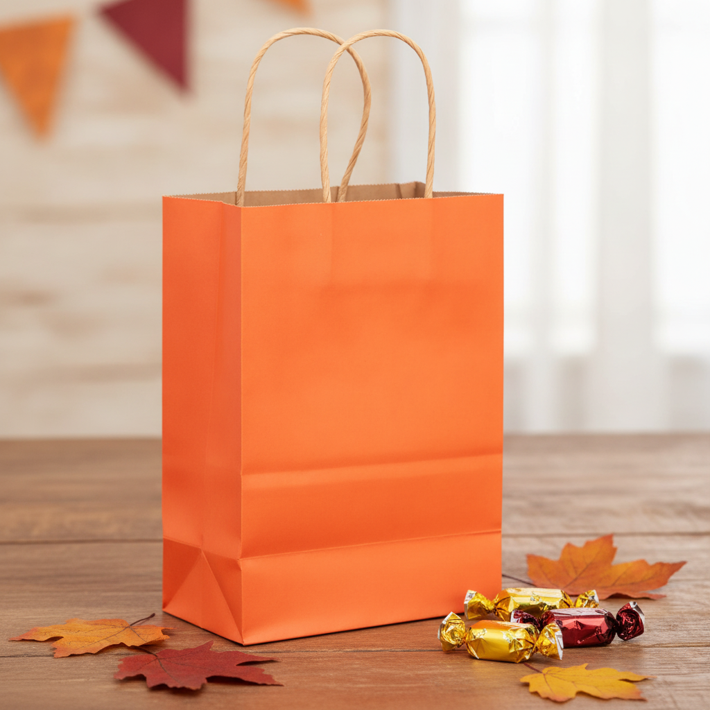 Orange kraft gift bag with twisted handles on wood with candies and autumn leaves
