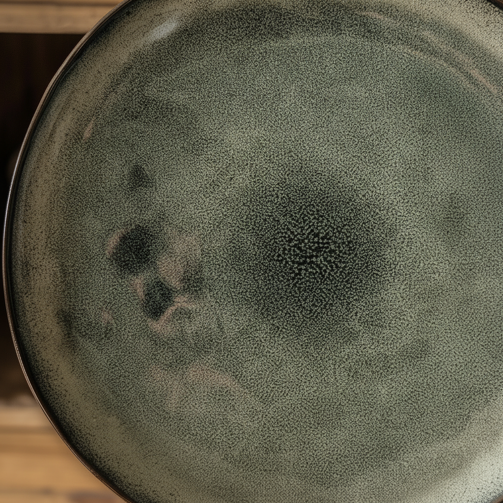 Macro of the glossy mottled green-grey reactive kiln glaze on the Muschio ceramic plate