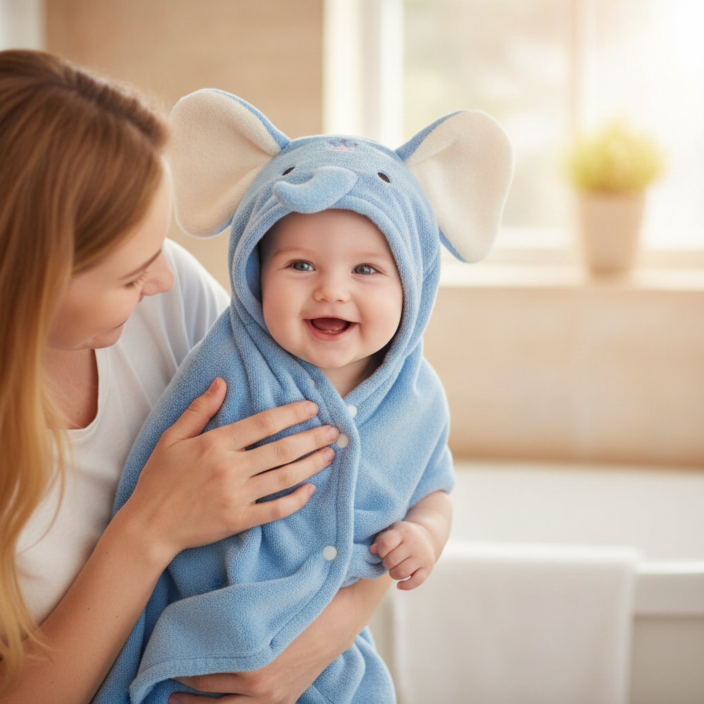 Happy baby wrapped in the elephant hooded bath towel after bath — Maison's Kitchen