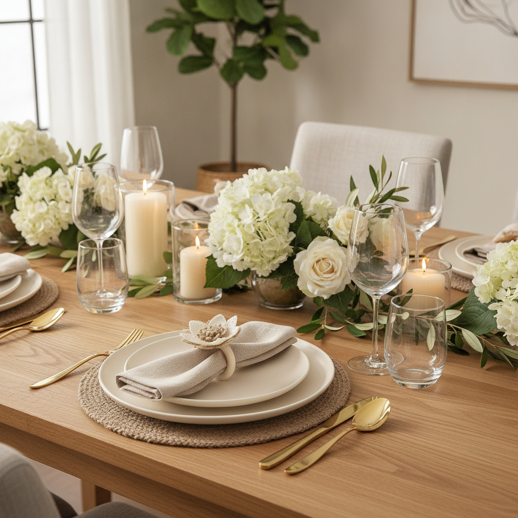 Farmhouse tablescape styled with burlap flower wood napkin rings