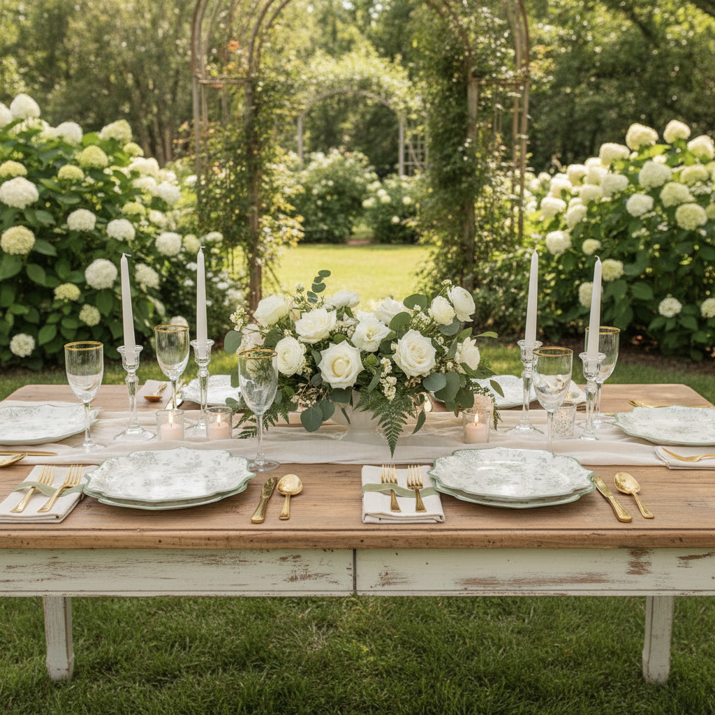 Garden bridal shower tablescape with sage green toile paper plates and white roses
