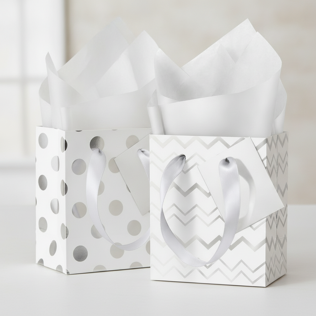 Macro close-up of mini white gift bags with silver foil patterns and ribbon