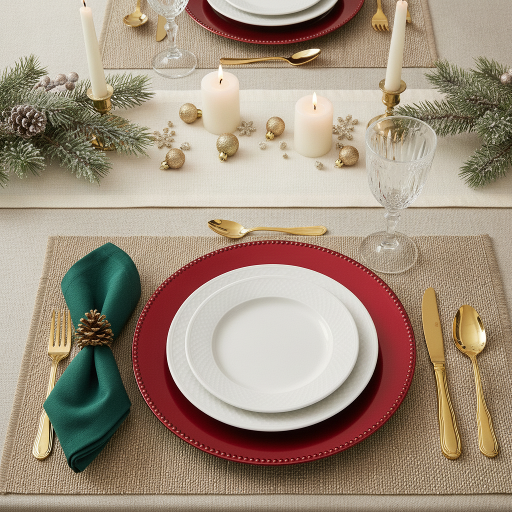 Red beaded charger plate under white plates with green napkin and gold flatware