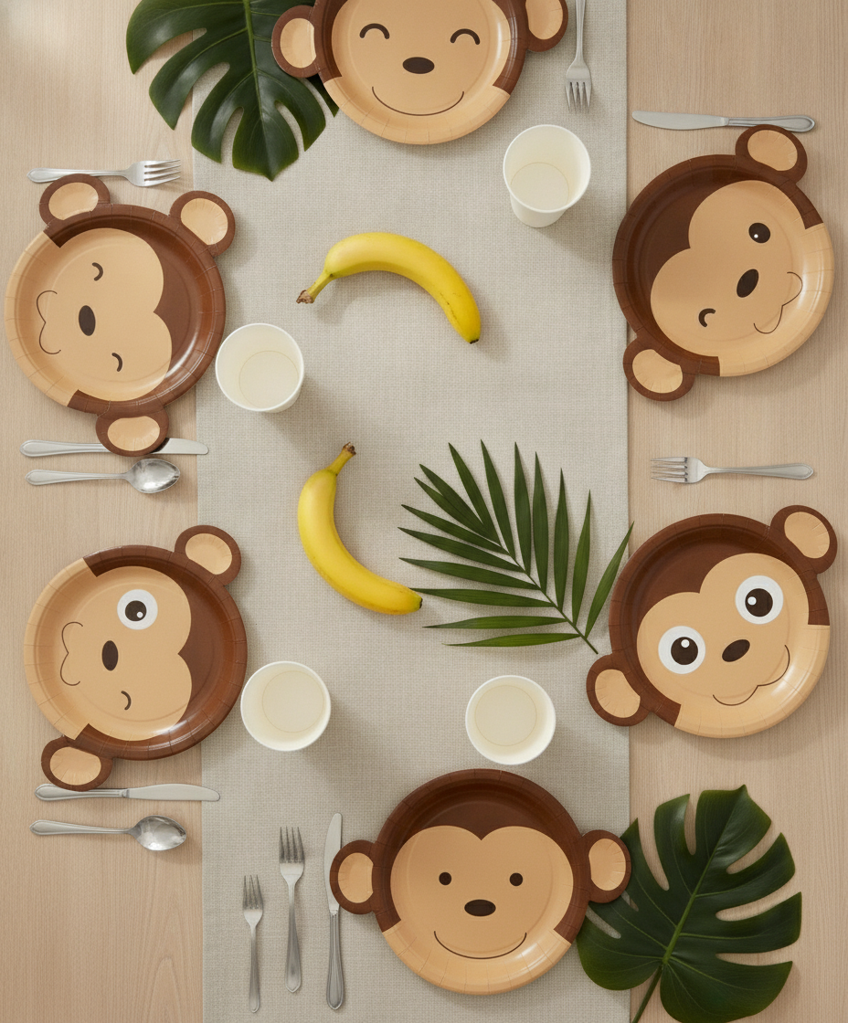 Overhead jungle birthday tablescape with monkey face paper plates bananas and palm leaves
