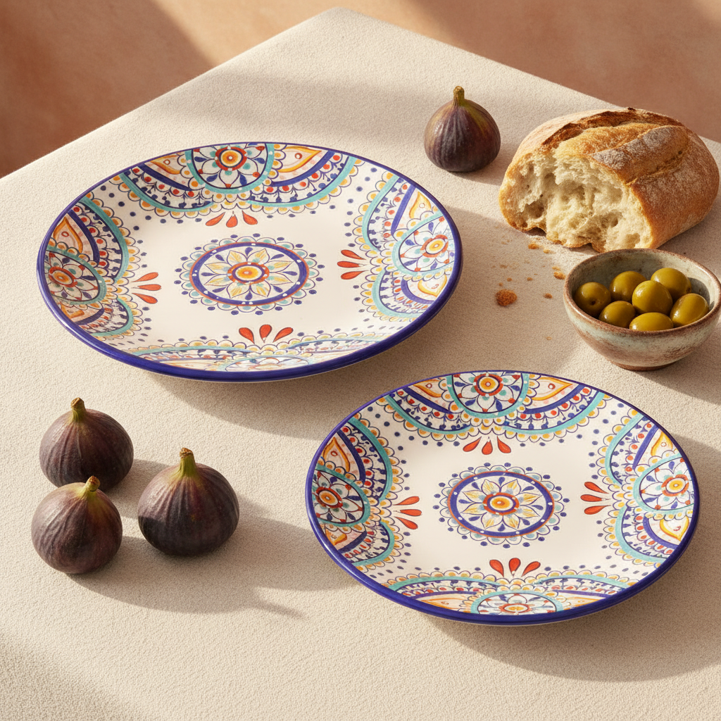 Colorful Mediterranean Talavera ceramic plate set with figs, olives and bread on cream linen