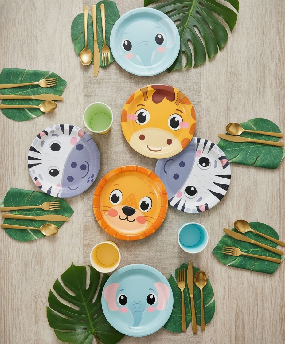 Overhead jungle safari party tablescape with lion giraffe zebra and elephant paper plates and cups
