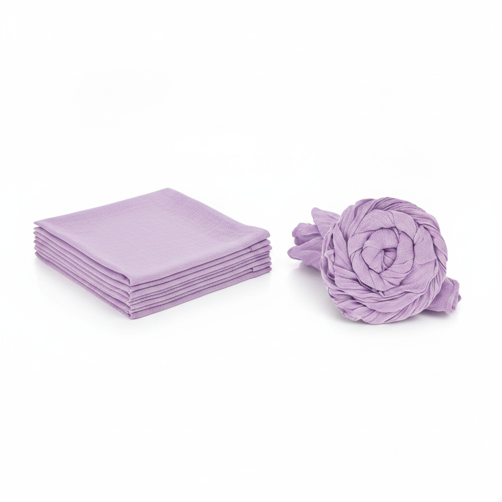 Light purple gauze cheesecloth napkins, set of 42, folded stack and rosette on white
