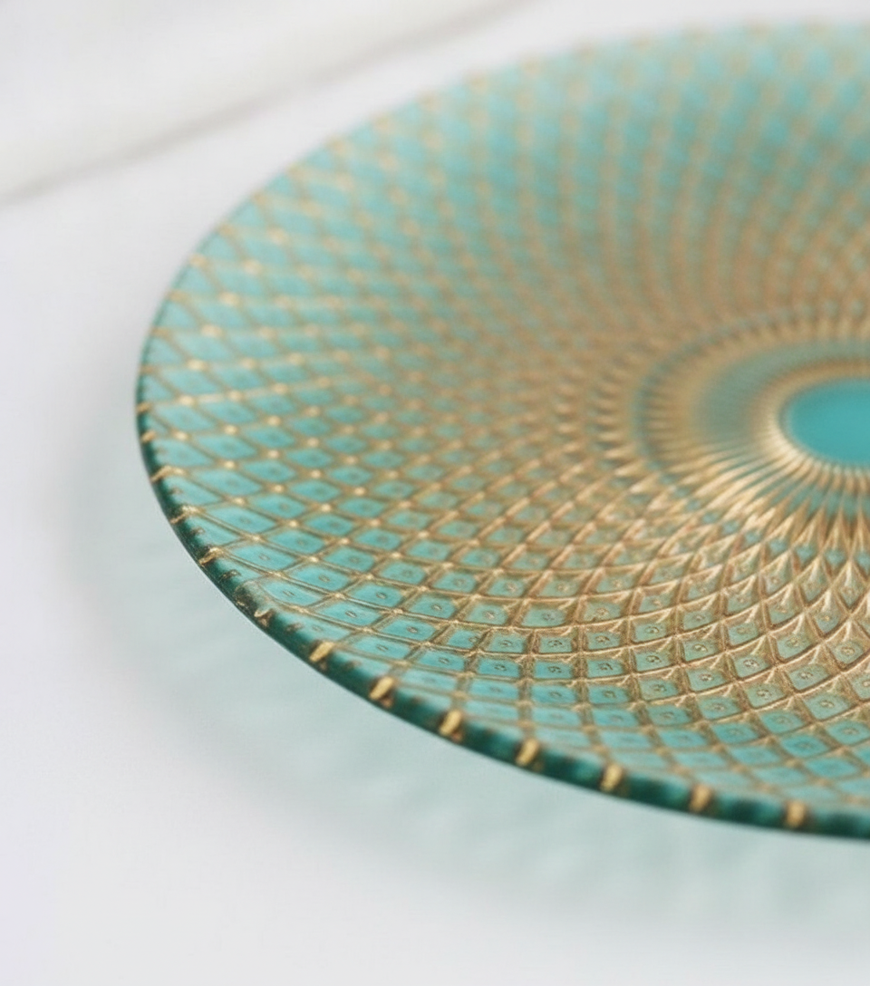 Macro of the gold electroplated diamond-lattice ridges over peacock-green glass