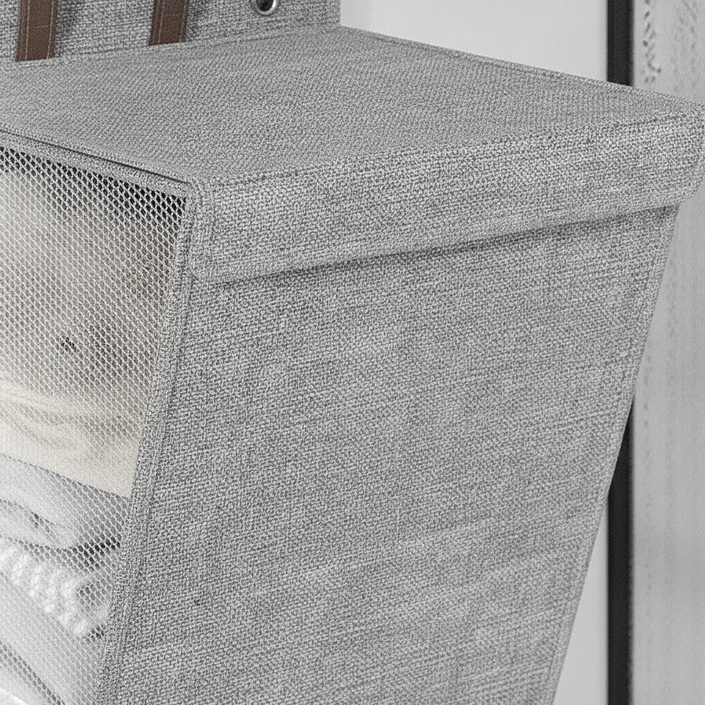 Close-up of woven linen texture, mesh front panel and leather handle
