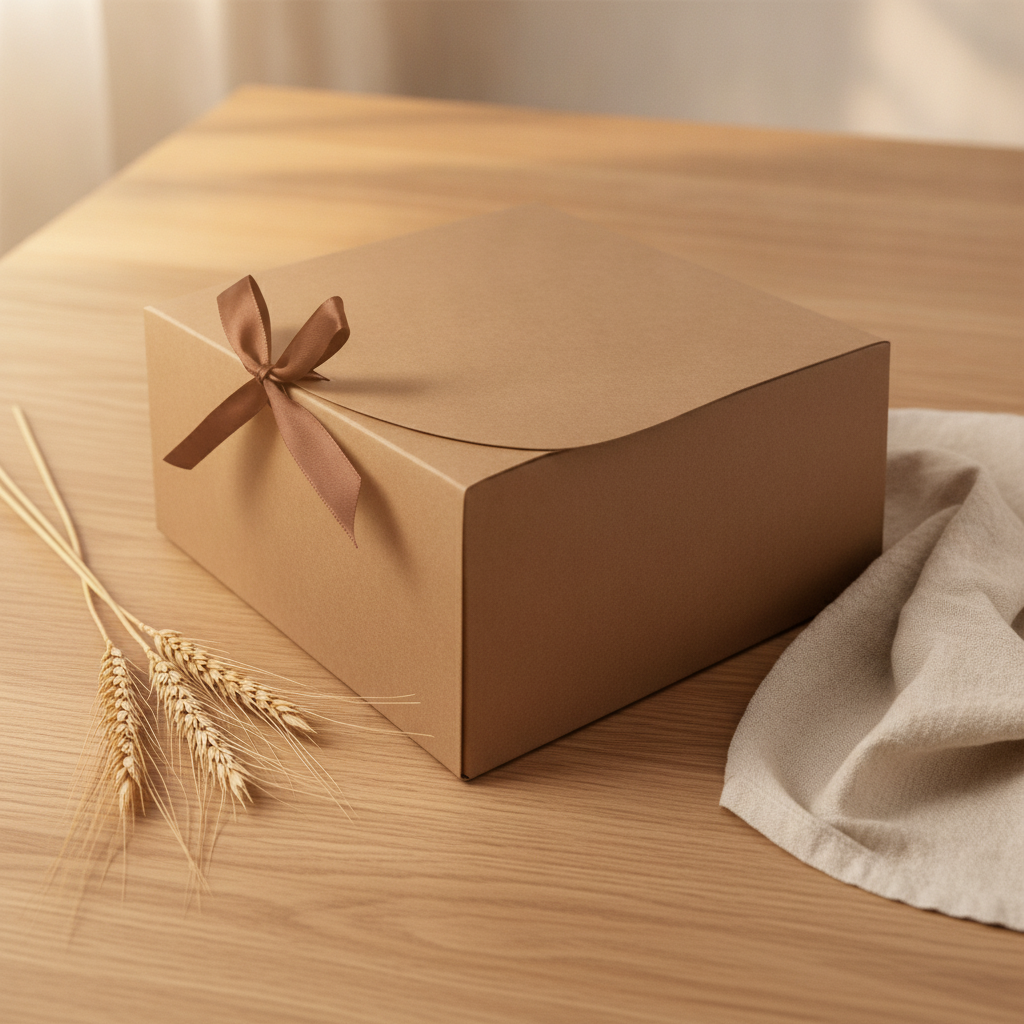 Brown kraft gift box with ribbon bow on oak table with dried wheat and linen