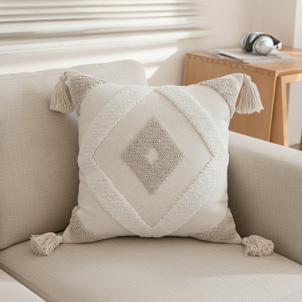Trama tufted diamond Boho cushion on a neutral linen sofa