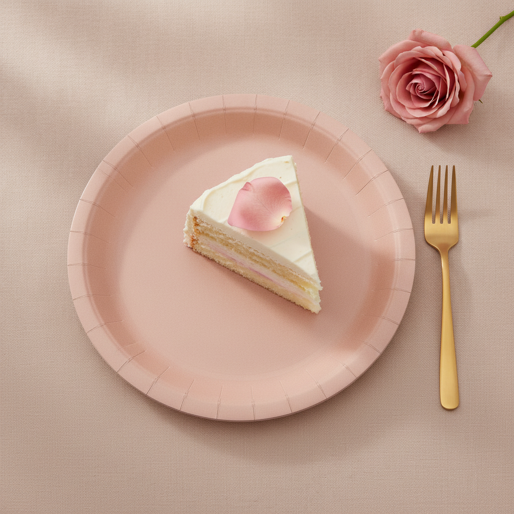Angled close-up of a dusty pink gradient paper plate with a cake slice and gold fork