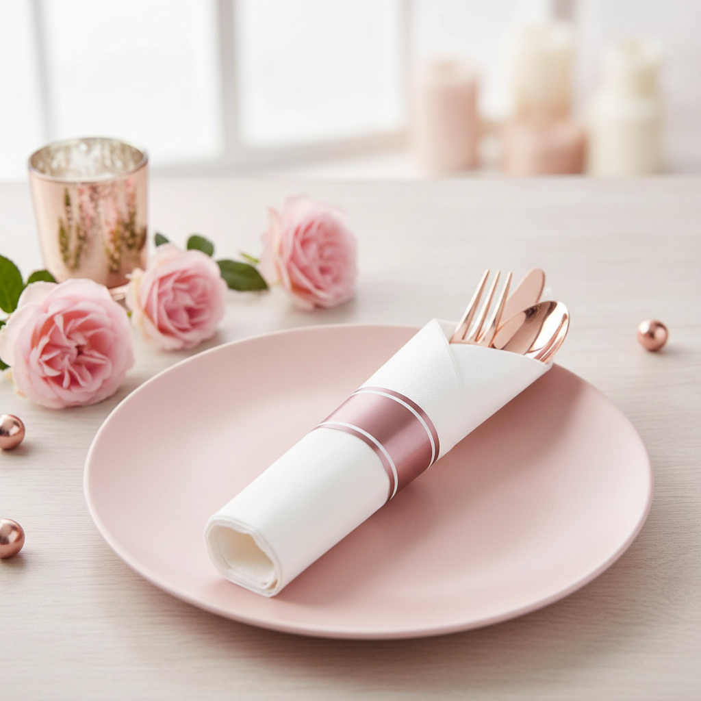 Pre-rolled rose-gold cutlery napkin bundle on a blush plate at a romantic table