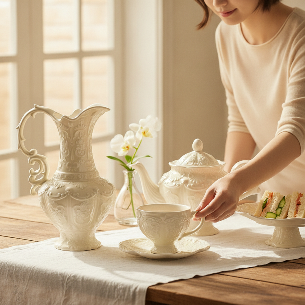 Host setting the Cortese ceramic tea set on a sunlit dining table