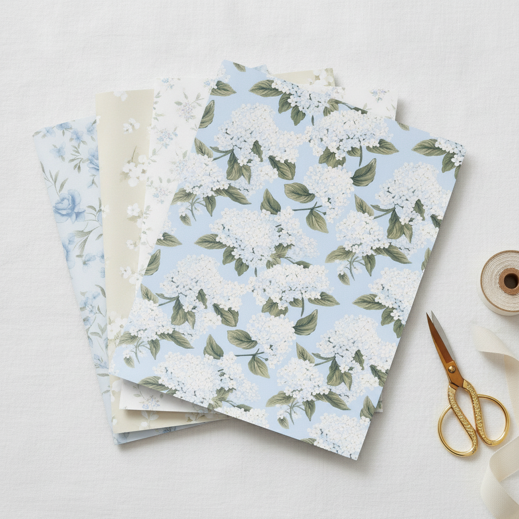 Angled fanned stack of blue hydrangea wrapping sheets with scissors
