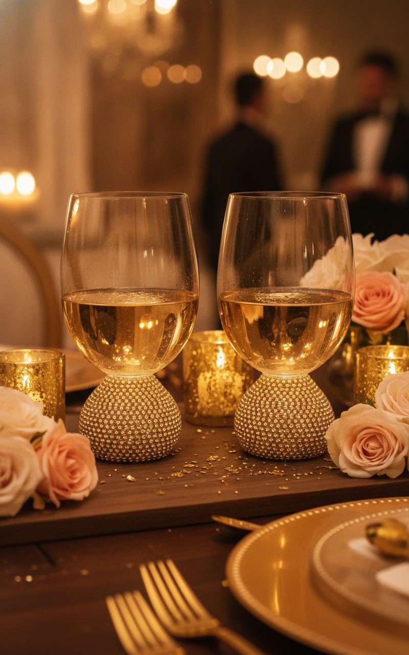 Two diamond-encrusted amber glasses on a candlelit celebration table