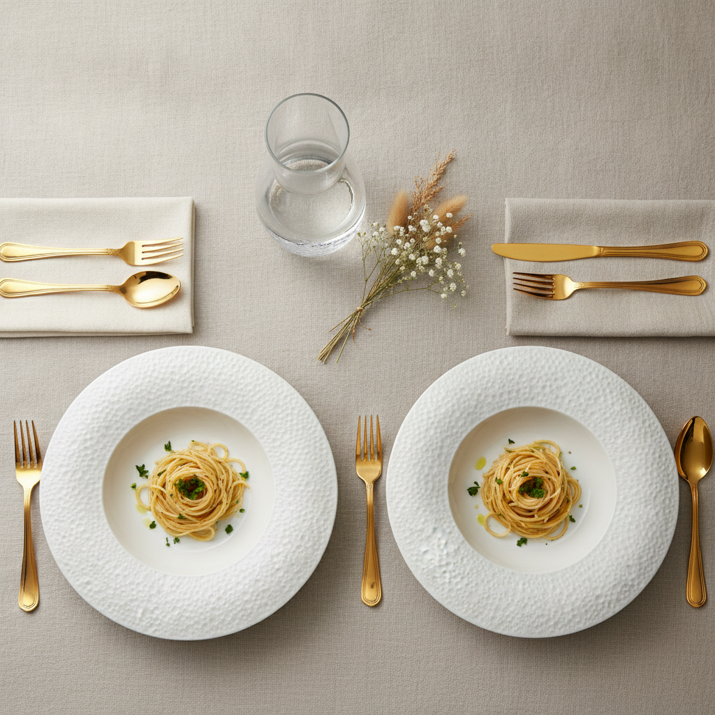Overhead tablescape with two deep Cratere textured-rim porcelain soup plates holding pasta