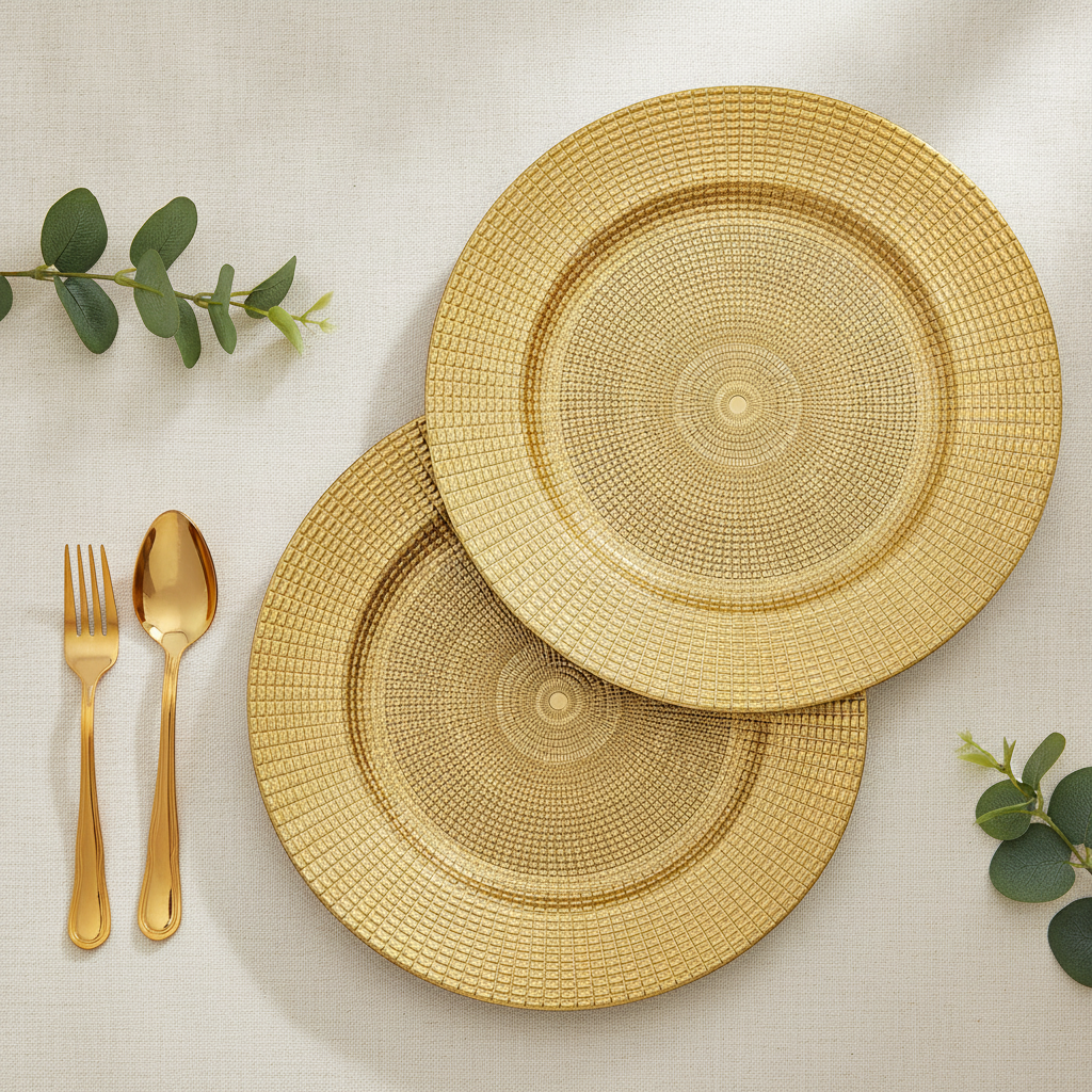 Overhead flat-lay of gold chain charger plates with gold cutlery and eucalyptus