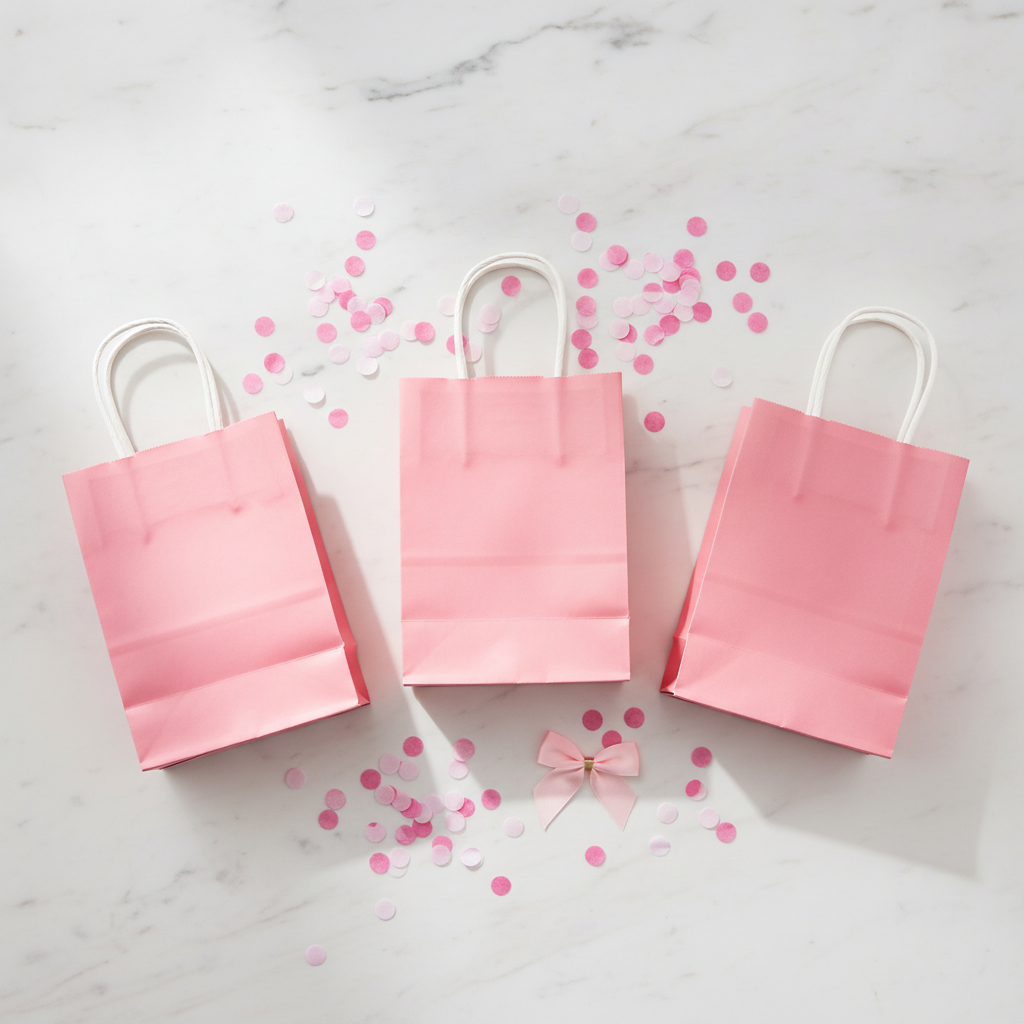 Overhead flat-lay of three pink kraft gift bags with confetti
